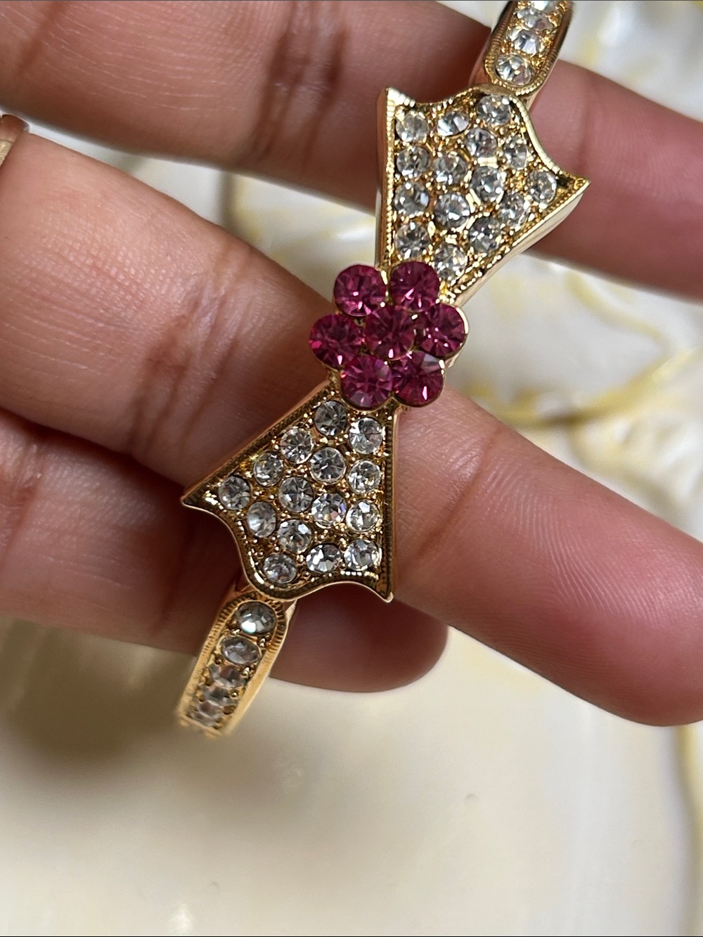 Gold-Tone Pink Crystal Flower bow  Bracelet - Women